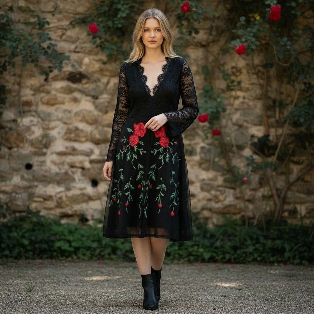 Express Lace Dress Womens XS Black Nylon Sequin Embroidered Red Roses Front Zip